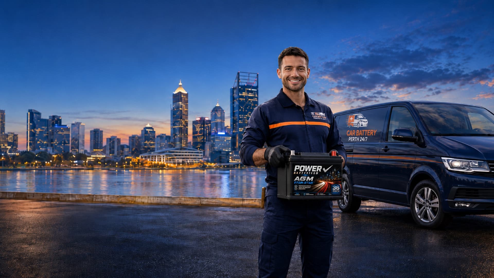 Car Battery Perth 24/7 technician holding a car battery beside the service van, Perth skyline behind